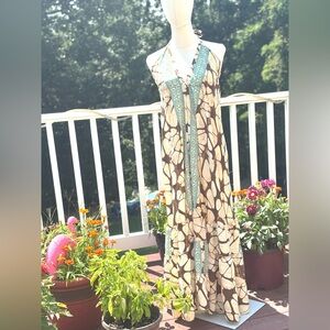 Elegant Teal and Brown Halter Maxi Dress